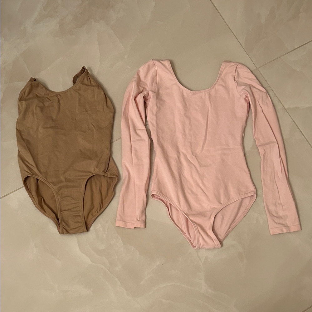 Bloch Pink Long-Sleeve Dance Leotard with Tan Sleeveless Adjustable Leotard